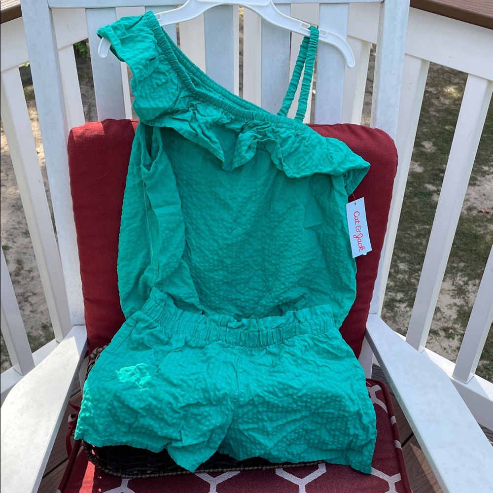 Cat & Jack Girls’ One-Shoulder Ruffle Top & Short Set Sea Foam Large (10/12) NWT